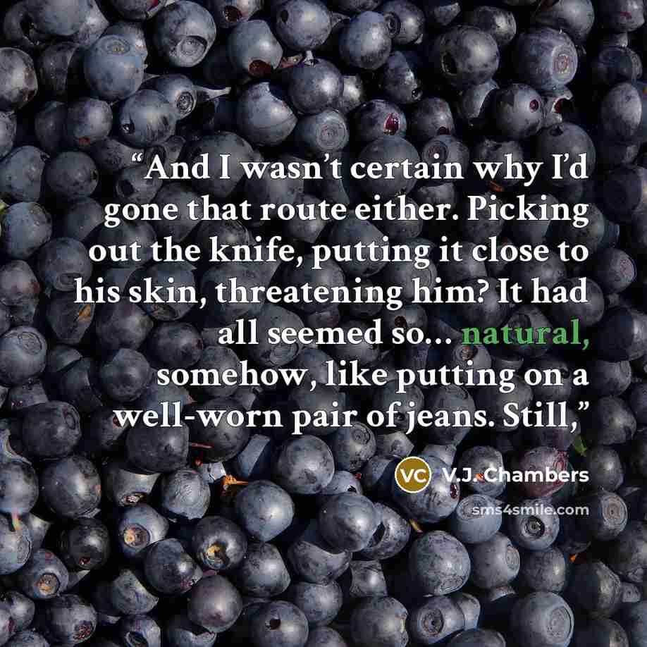 “And I wasn’t certain why I’d gone that route either. Picking out the knife, putting it close to his skin, threatening him? It had all seemed so… natural, somehow, like putting on a well-worn pair of jeans. Still,” quote by V.J. Chambers
