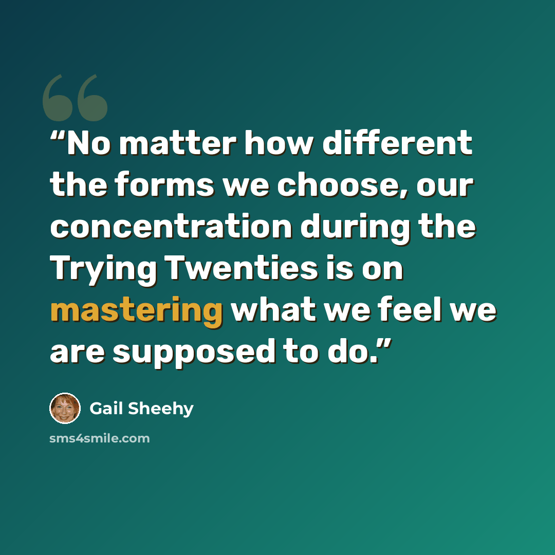 “No matter how different the forms we choose, our concentration during the Trying Twenties is on mastering what we feel we are supposed to do.” quote by Gail Sheehy