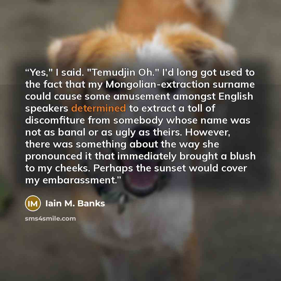 “Yes," I said. "Temudjin Oh." I'd long got used to the fact that my Mongolian-extraction surname could cause some amusement amongst English speakers determined to extract a toll of discomfiture from somebody whose name was not as banal or as ugly as theirs. However, there was something about the…” quote by Iain M. Banks