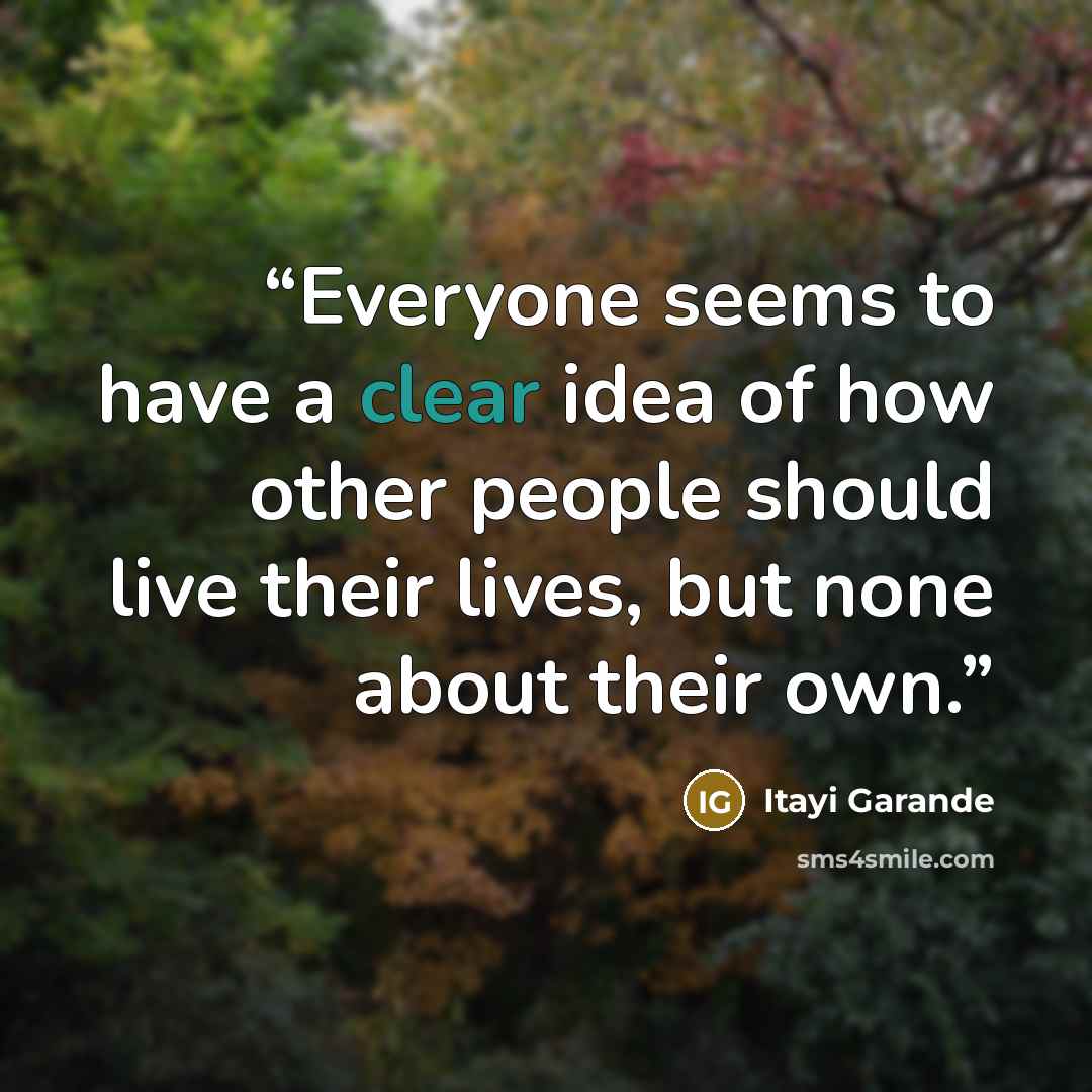 “Everyone seems to have a clear idea of how other people should live their lives, but none about their own.” quote by Itayi Garande