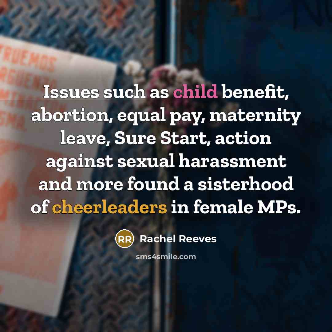 “Issues such as child benefit, abortion, equal pay, maternity leave, Sure Start, action against sexual harassment and more found a sisterhood of cheerleaders in female MPs.” quote by Rachel Reeves