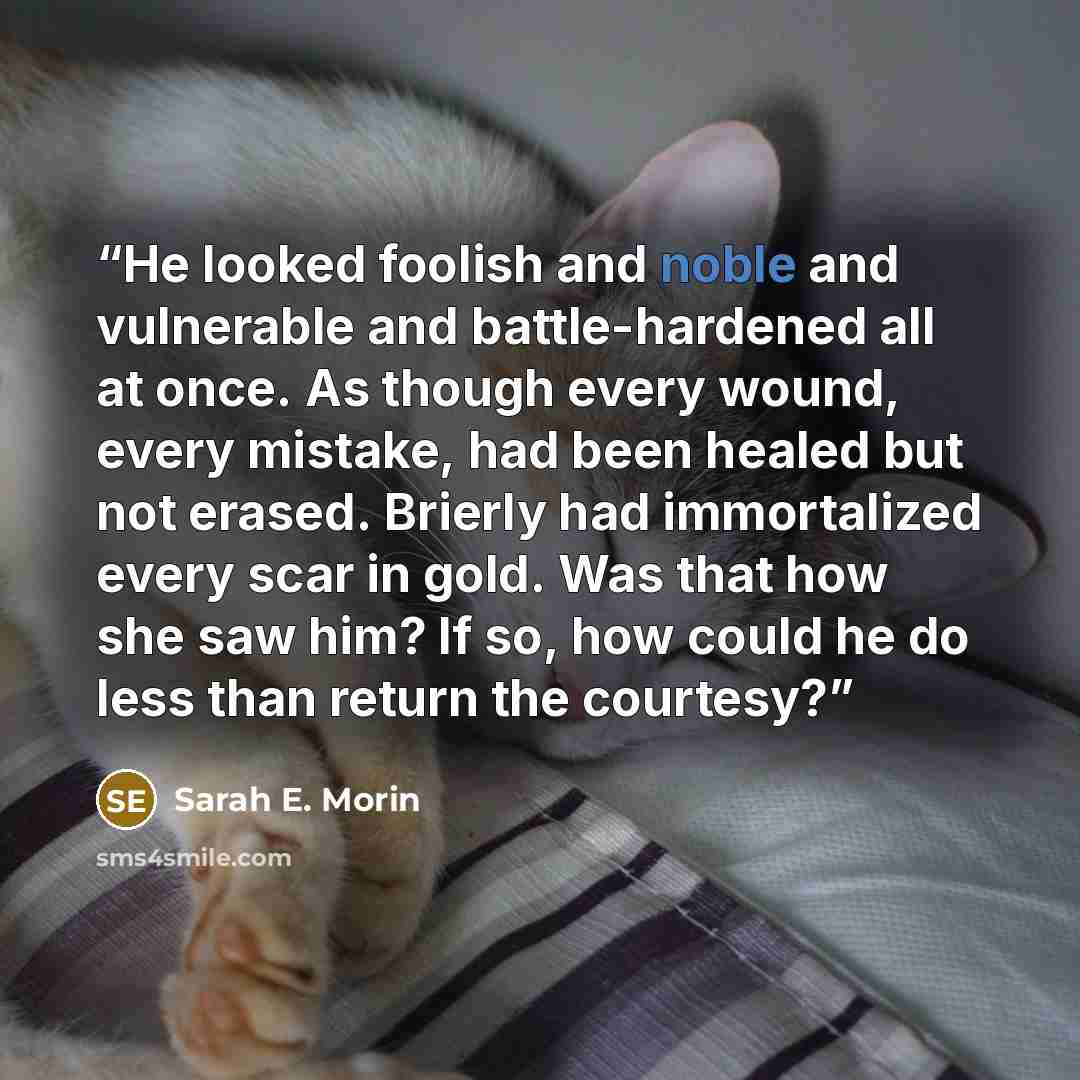 “He looked foolish and noble and vulnerable and battle-hardened all at once. As though every wound, every mistake, had been healed but not erased. Brierly had immortalized every scar in gold. Was that how she saw him? If so, how could he do less than return the courtesy?” quote by Sarah E. Morin