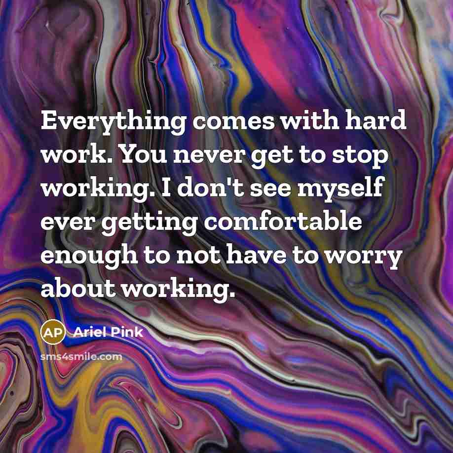 “Everything comes with hard work. You never get to stop working. I don't see myself ever getting comfortable enough to not have to worry about working.” quote by Ariel Pink