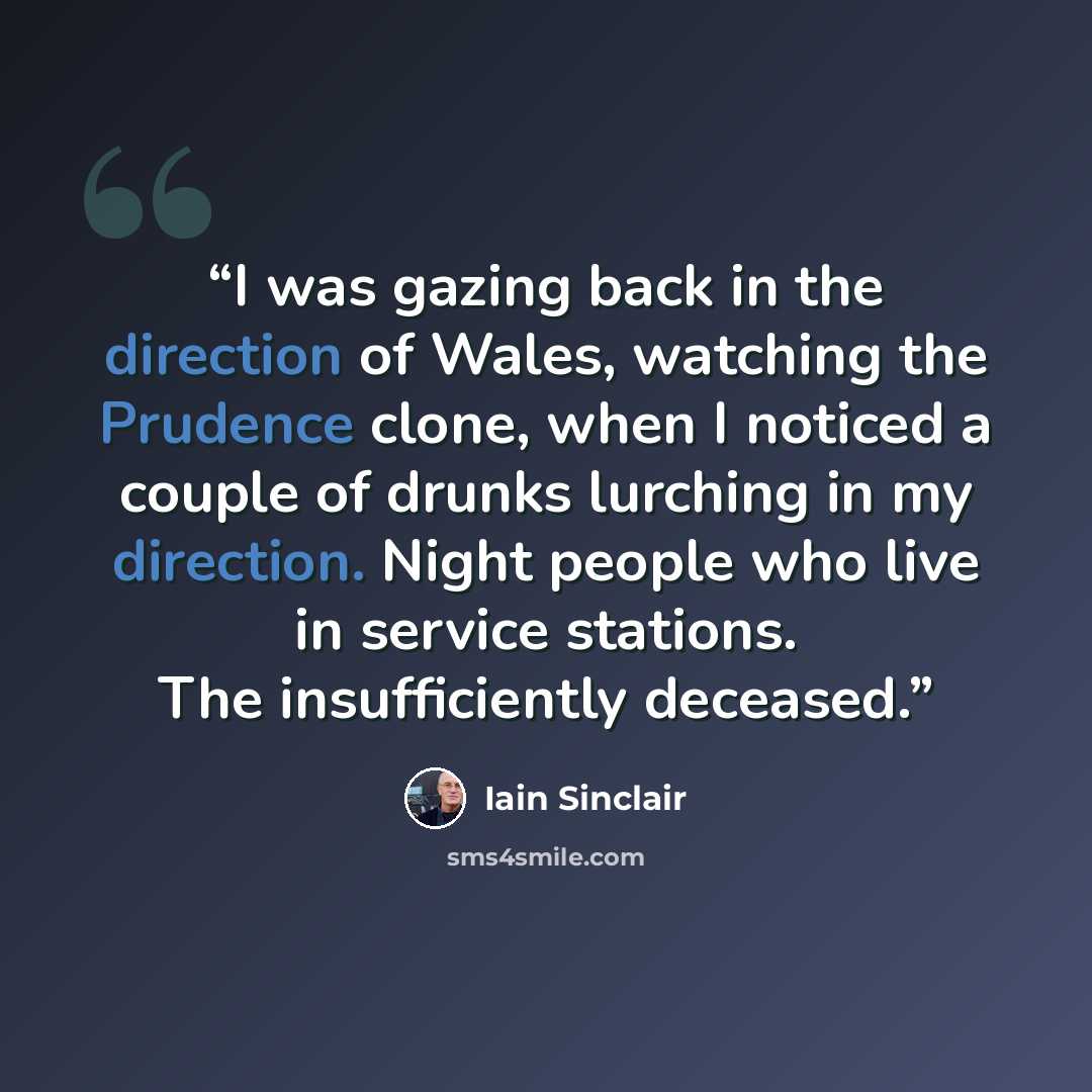 “I was gazing back in the direction of Wales, watching the Prudence clone, when I noticed a couple of drunks lurching in my direction. Night people who live in service stations. The insufficiently deceased.” quote by Iain Sinclair