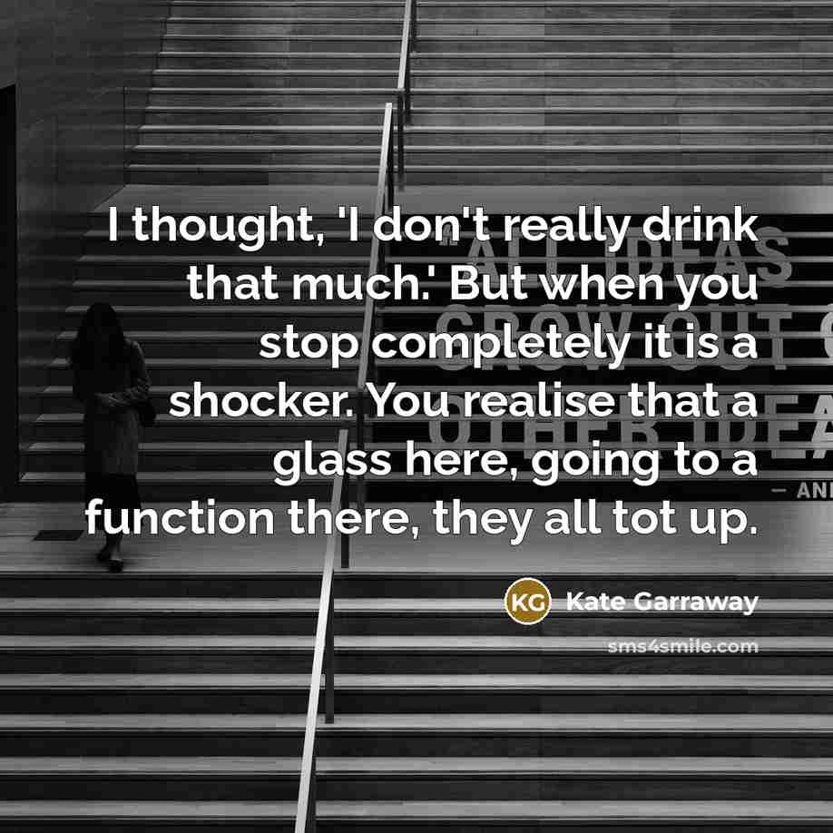 “I thought, 'I don't really drink that much.' But when you stop completely it is a shocker. You realise that a glass here, going to a function there, they all tot up.” quote by Kate Garraway