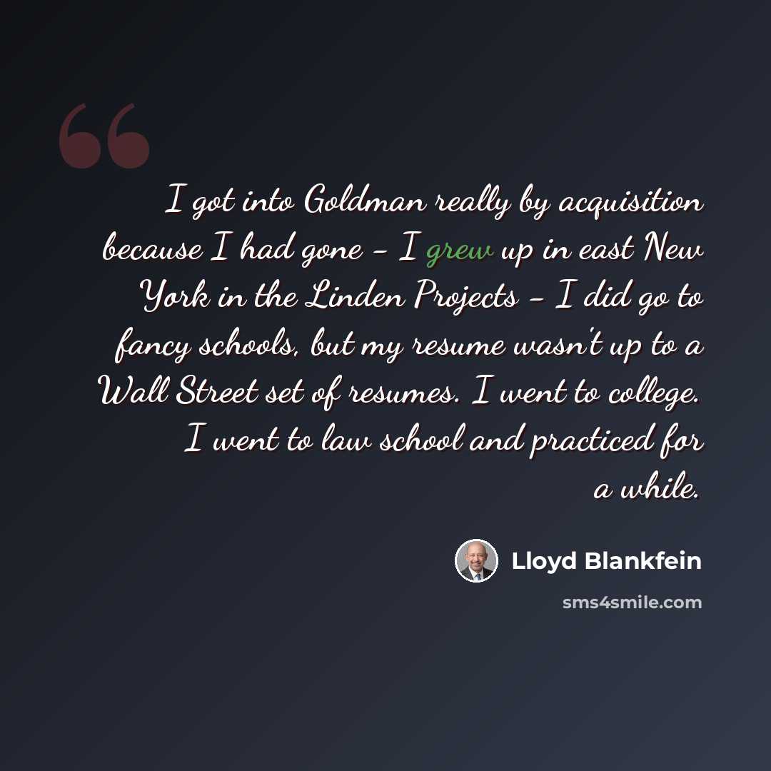 “I got into Goldman really by acquisition because I had gone - I grew up in east New York in the Linden Projects - I did go to fancy schools, but my resume wasn't up to a Wall Street set of resumes. I went to college. I went to law school and practiced for a while.” quote by Lloyd Blankfein