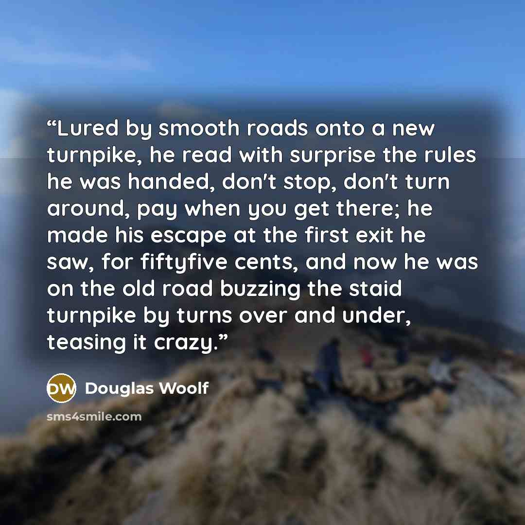 “Lured by smooth roads onto a new turnpike, he read with surprise the rules he was handed, don't stop, don't turn around, pay when you get there; he made his escape at the first exit he saw, for fiftyfive cents, and now he was on the old road buzzing the staid turnpike by turns over and under…” quote by Douglas Woolf