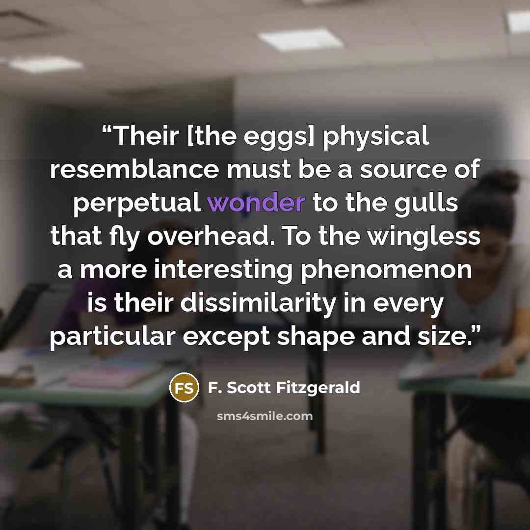 “Their [the eggs] physical resemblance must be a source of perpetual wonder to the gulls that fly overhead. To the wingless a more interesting phenomenon is their dissimilarity in every particular except shape and size.” quote by F. Scott Fitzgerald