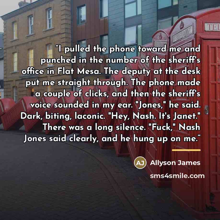 “I pulled the phone toward me and punched in the number of the sheriff's office in Flat Mesa. The deputy at the desk put me straight through. The phone made a couple of clicks, and then the sheriff's voice sounded in my ear. "Jones," he said. Dark, biting, laconic. "Hey, Nash. It's Janet." There…” quote by Allyson James
