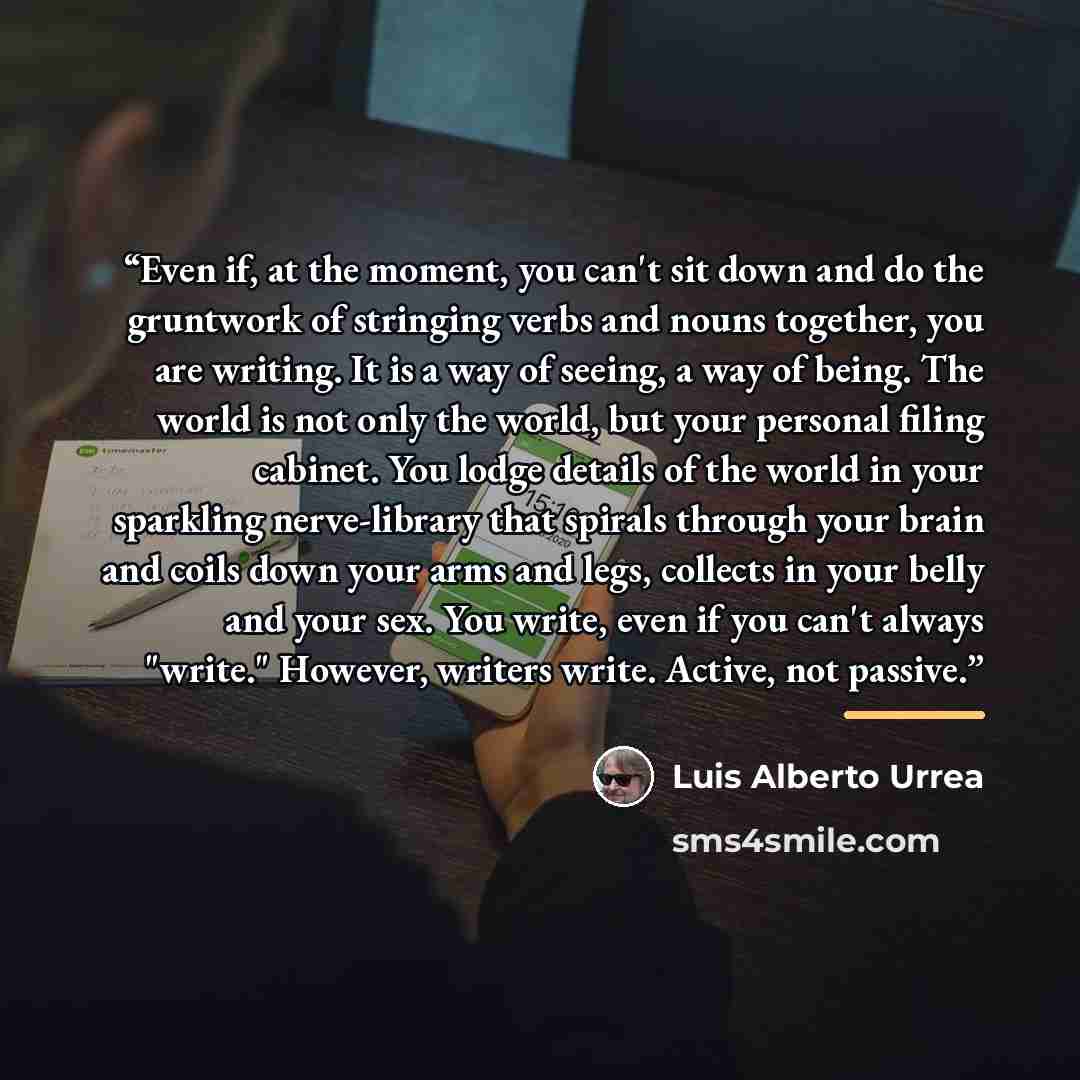 “Even if, at the moment, you can't sit down and do the gruntwork of stringing verbs and nouns together, you are writing. It is a way of seeing, a way of being. The world is not only the world, but your personal filing cabinet. You lodge details of the world in your sparkling nerve-library that…” quote by Luis Alberto Urrea