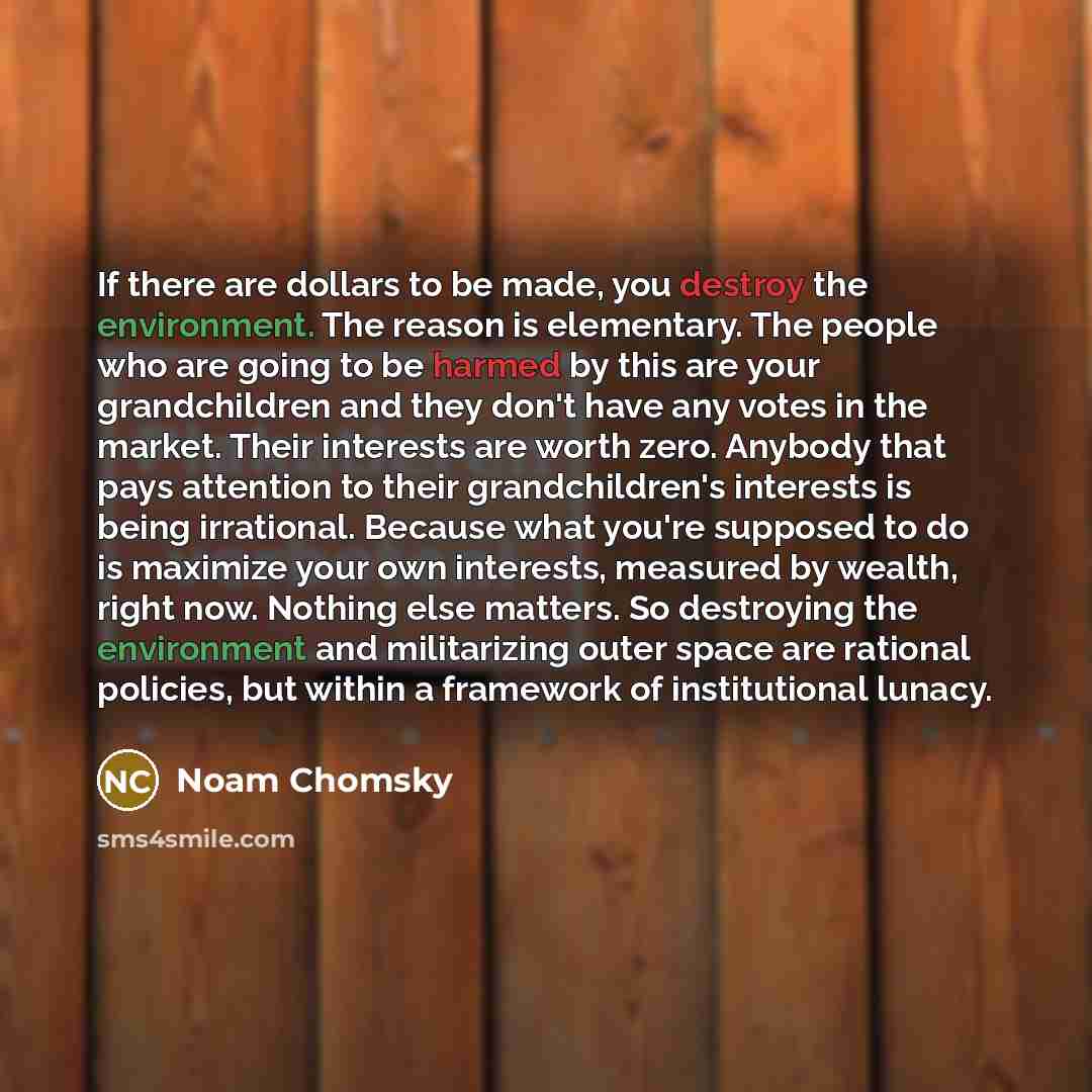 “If there are dollars to be made, you destroy the environment. The reason is elementary. The people who are going to be harmed by this are your grandchildren and they don't have any votes in the market. Their interests are worth zero. Anybody that pays attention to their grandchildren's interests…” quote by Noam Chomsky