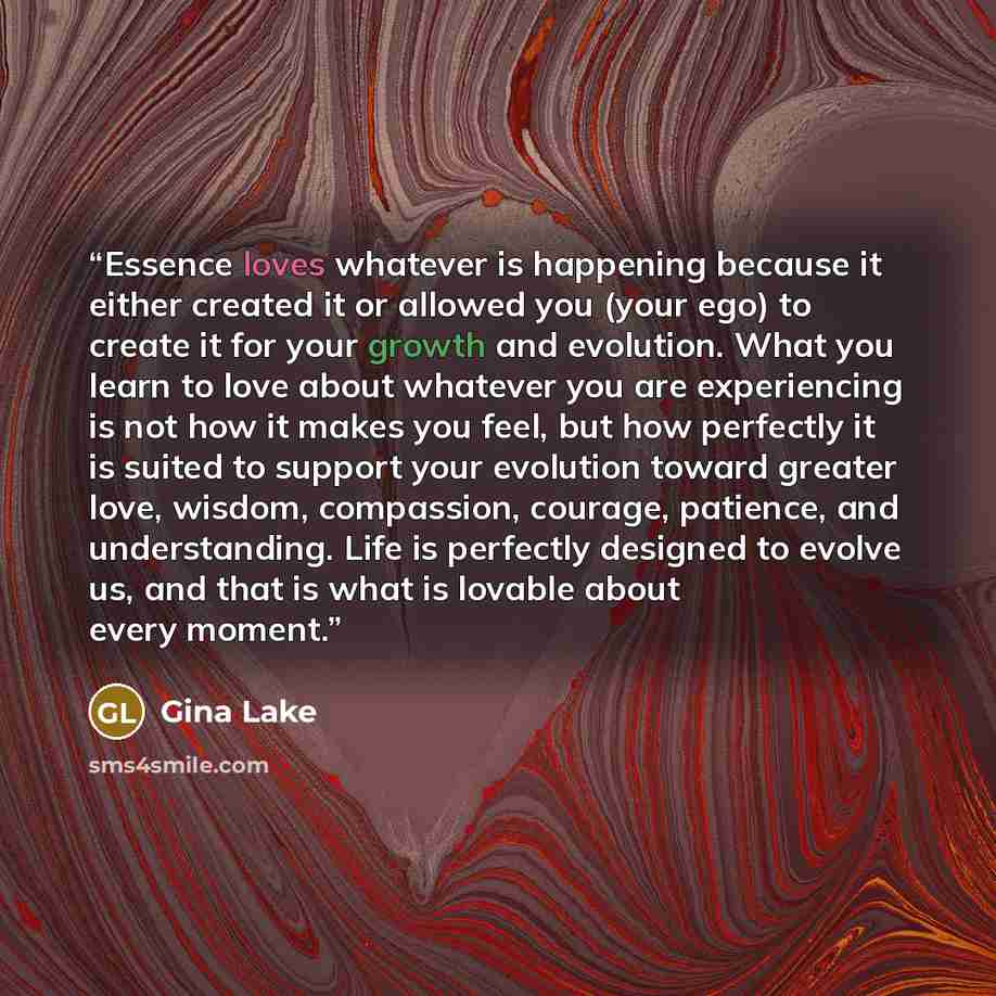 “Essence loves whatever is happening because it either created it or allowed you (your ego) to create it for your growth and evolution. What you learn to love about whatever you are experiencing is not how it makes you feel, but how perfectly it is suited to support your evolution toward greater…” quote by Gina Lake
