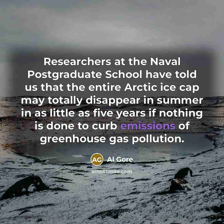 “Researchers at the Naval Postgraduate School have told us that the entire Arctic ice cap may totally disappear in summer in as little as five years if nothing is done to curb emissions of greenhouse gas pollution.” quote by Al Gore