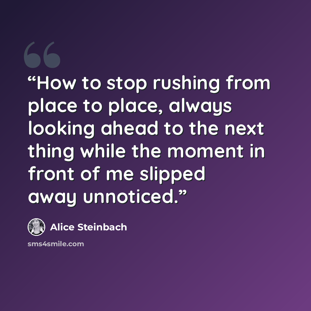 “How to stop rushing from place to place, always looking ahead to the next thing while the moment in front of me slipped away unnoticed.” quote by Alice Steinbach