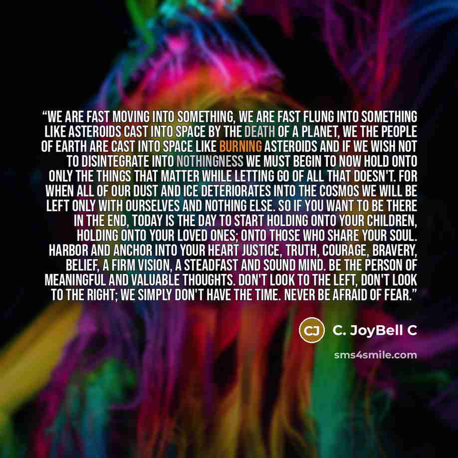 “We are fast moving into something, we are fast flung into something like asteroids cast into space by the death of a planet, we the people of earth are cast into space like burning asteroids and if we wish not to disintegrate into nothingness we must begin to now hold onto only the things that…” quote by C. JoyBell C