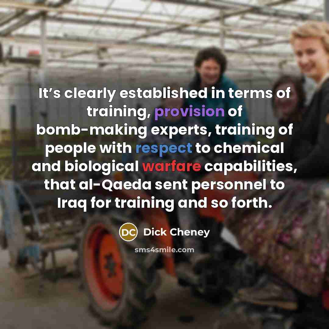 “It’s clearly established in terms of training, provision of bomb-making experts, training of people with respect to chemical and biological warfare capabilities, that al-Qaeda sent personnel to Iraq for training and so forth.” quote by Dick Cheney