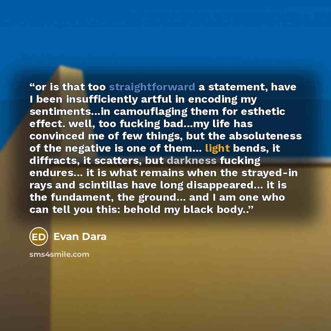 “or is that too straightforward a statement, have I been insuffi­ciently artful in encoding my sentiments...in camouflaging them for esthetic effect. well, too fucking bad...my life has convinced me of few things, but the absoluteness of the negative is one of them... light bends, it diffracts, it…” quote by Evan Dara