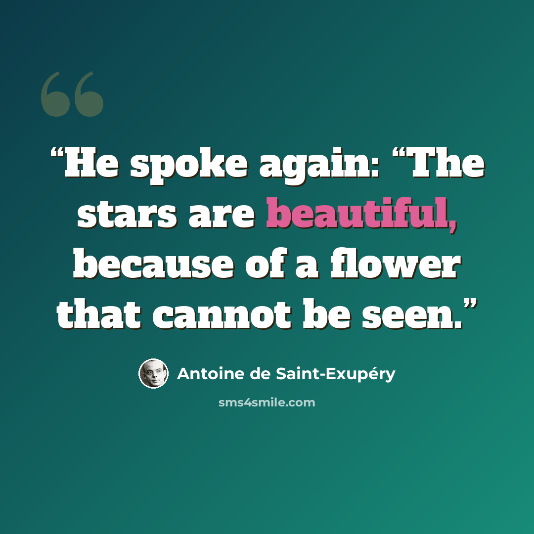 “He spoke again: “The stars are beautiful, because of a flower that cannot be seen.” quote by Antoine de Saint-Exupéry