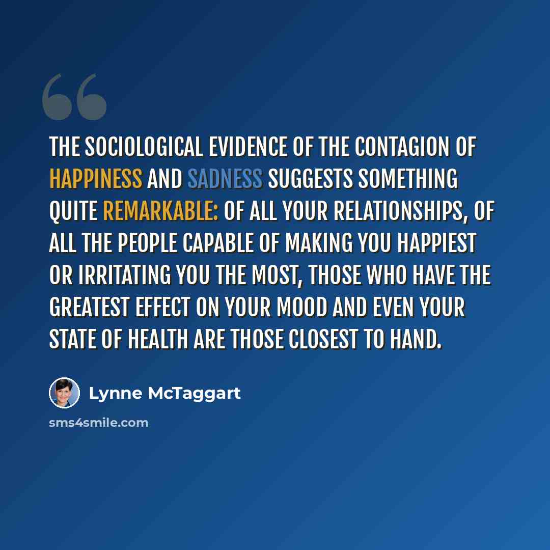 “The sociological evidence of the contagion of happiness and sadness suggests something quite remarkable: of all your relationships, of all the people capable of making you happiest or irritating you the most, those who have the greatest effect on your mood and even your state of health are those…” quote by Lynne McTaggart
