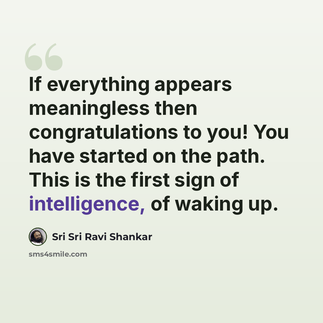 “If everything appears meaningless then congratulations to you! You have started on the path. This is the first sign of intelligence, of waking up.” quote by Sri Sri Ravi Shankar