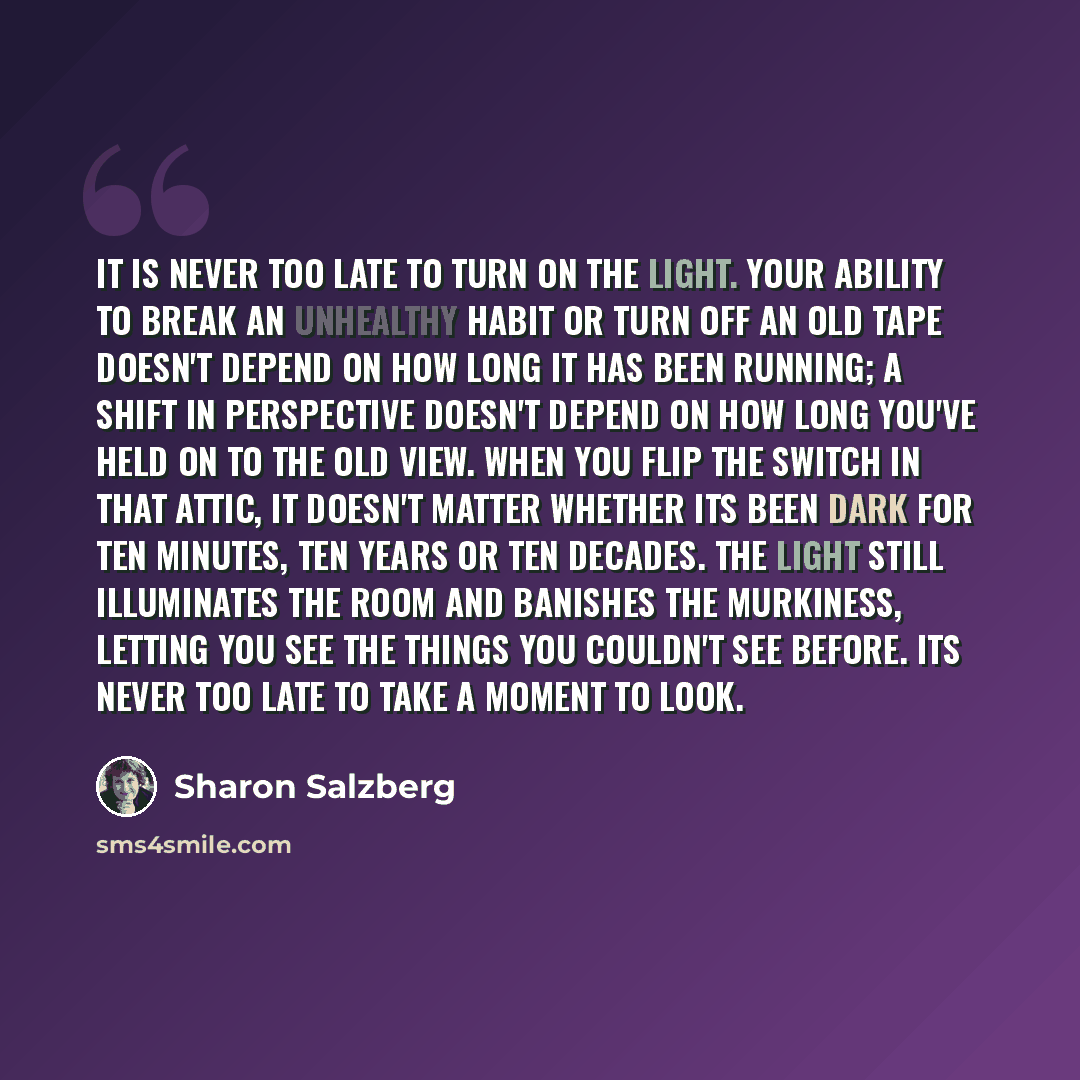 “It is never too late to turn on the light. Your ability to break an unhealthy habit or turn off an old tape doesn't depend on how long it has been running; a shift in perspective doesn't depend on how long you've held on to the old view. When you flip the switch in that attic, it doesn't matter…” quote by Sharon Salzberg