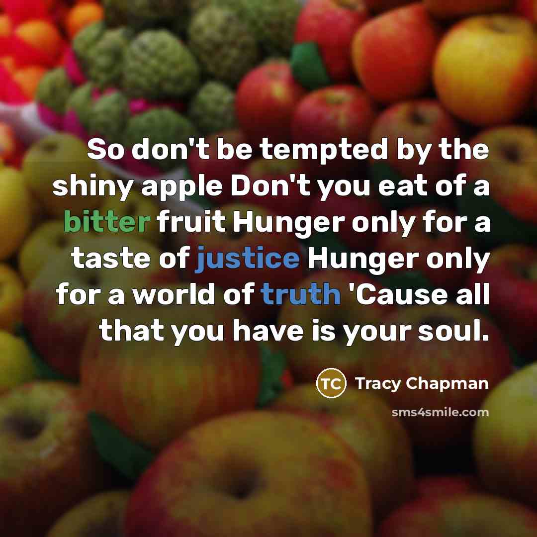 “So don't be tempted by the shiny apple Don't you eat of a bitter fruit Hunger only for a taste of justice Hunger only for a world of truth 'Cause all that you have is your soul.” quote by Tracy Chapman