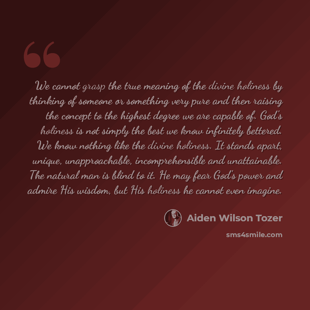 “We cannot grasp the true meaning of the divine holiness by thinking of someone or something very pure and then raising the concept to the highest degree we are capable of. God's holiness is not simply the best we know infinitely bettered. We know nothing like the divine holiness. It stands apart…” quote by Aiden Wilson Tozer