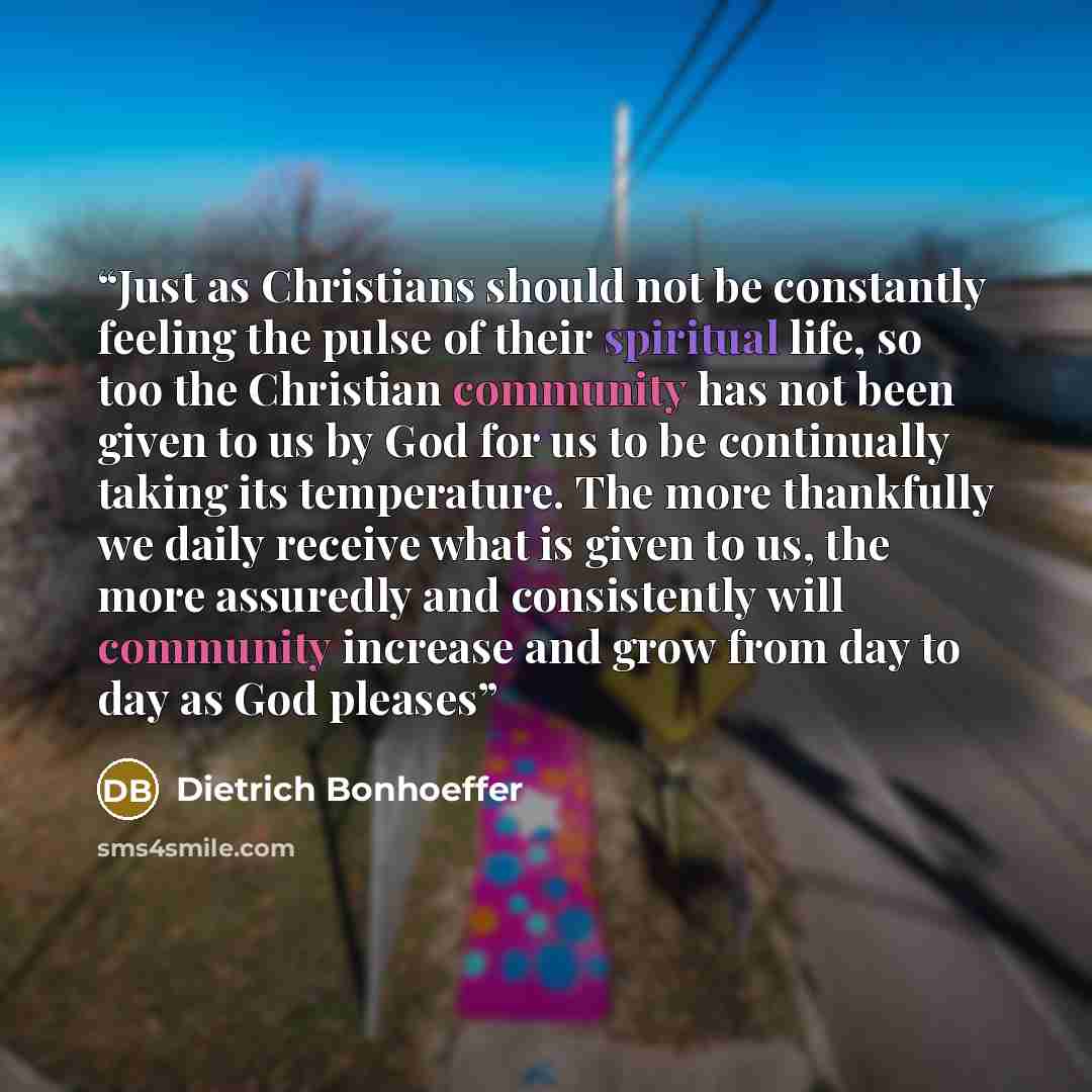 “Just as Christians should not be constantly feeling the pulse of their spiritual life, so too the Christian community has not been given to us by God for us to be continually taking its temperature. The more thankfully we daily receive what is given to us, the more assuredly and consistently will…” quote by Dietrich Bonhoeffer