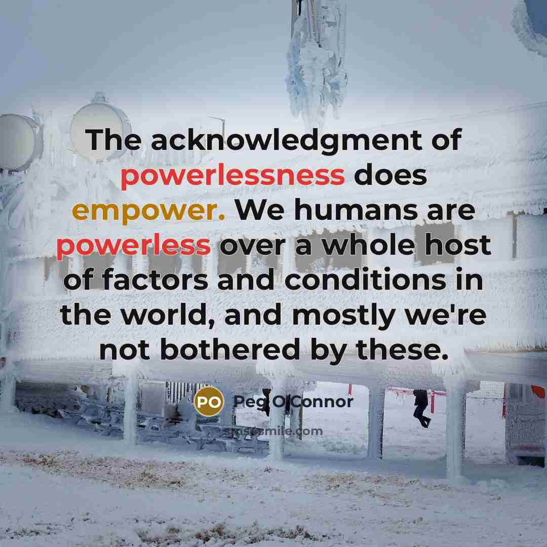 “The acknowledgment of powerlessness does empower. We humans are powerless over a whole host of factors and conditions in the world, and mostly we're not bothered by these.” quote by Peg O'Connor