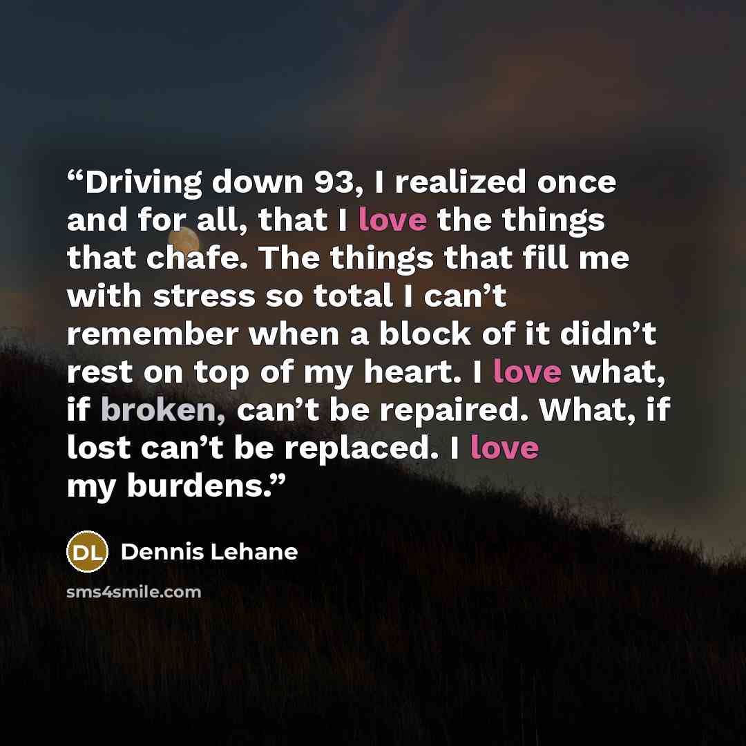 “Driving down 93, I realized once and for all, that I love the things that chafe. The things that fill me with stress so total I can’t remember when a block of it didn’t rest on top of my heart. I love what, if broken, can’t be repaired. What, if lost can’t be replaced. I love my burdens.” quote by Dennis Lehane