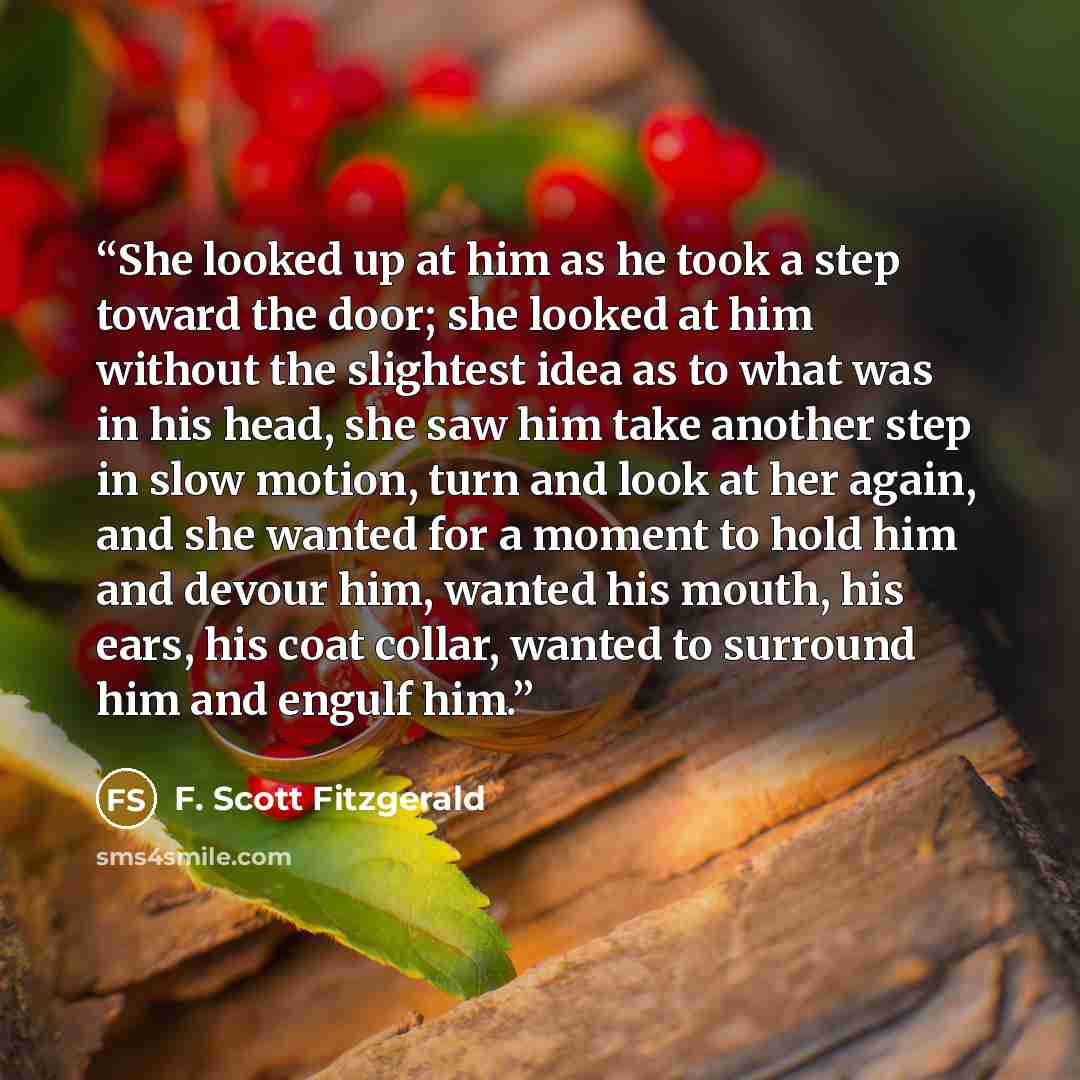 “She looked up at him as he took a step toward the door; she looked at him without the slightest idea as to what was in his head, she saw him take another step in slow motion, turn and look at her again, and she wanted for a moment to hold him and devour him, wanted his mouth, his ears, his coat…” quote by F. Scott Fitzgerald