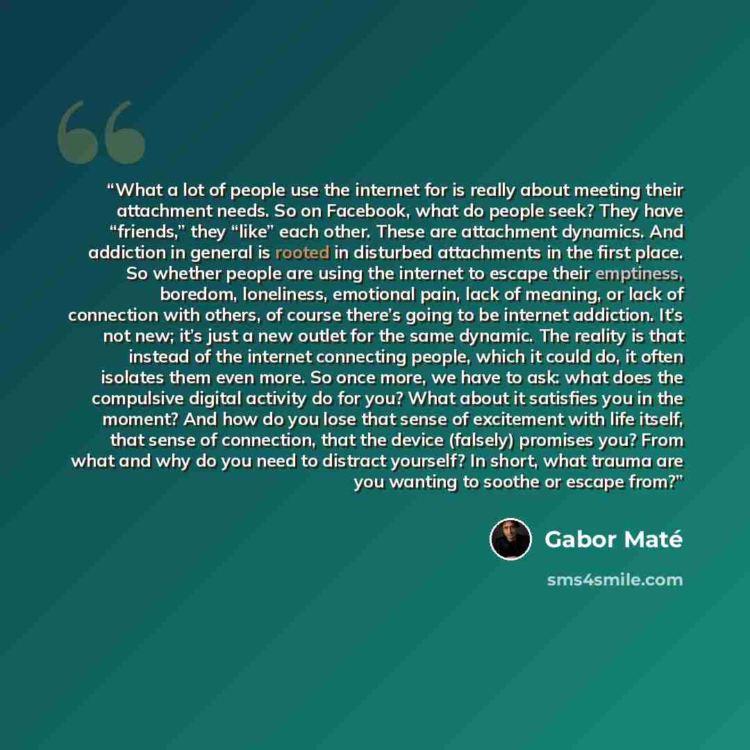 “What a lot of people use the internet for is really about meeting their attachment needs. So on Facebook, what do people seek? They have “friends,” they “like” each other. These are attachment dynamics. And addiction in general is rooted in disturbed attachments in the first place. So whether…” quote by Gabor Maté