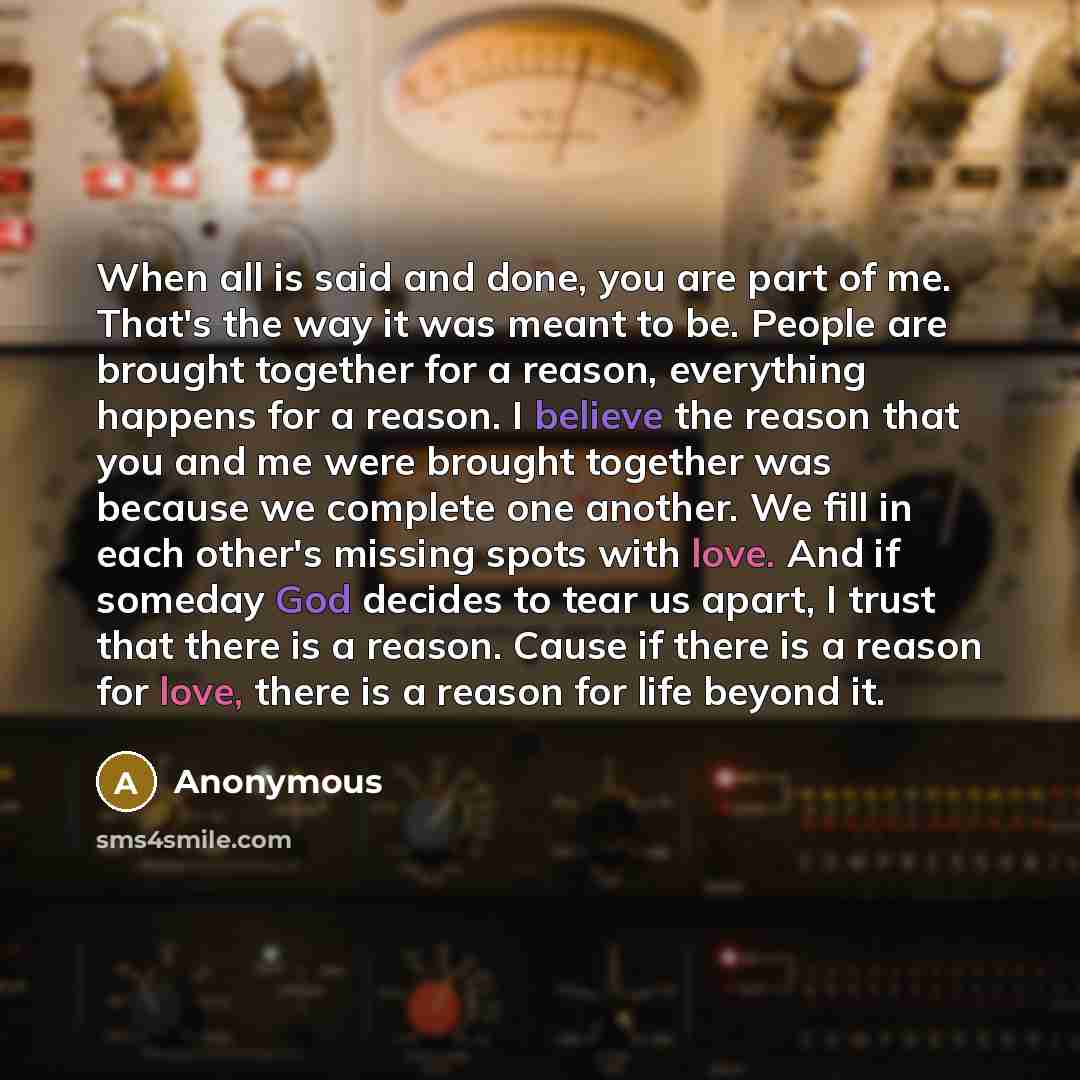 “When all is said and done, you are part of me. That's the way it was meant to be. People are brought together for a reason, everything happens for a reason. I believe the reason that you and me were brought together was because we complete one another. We fill in each other's missing spots with…” quote by Anonymous