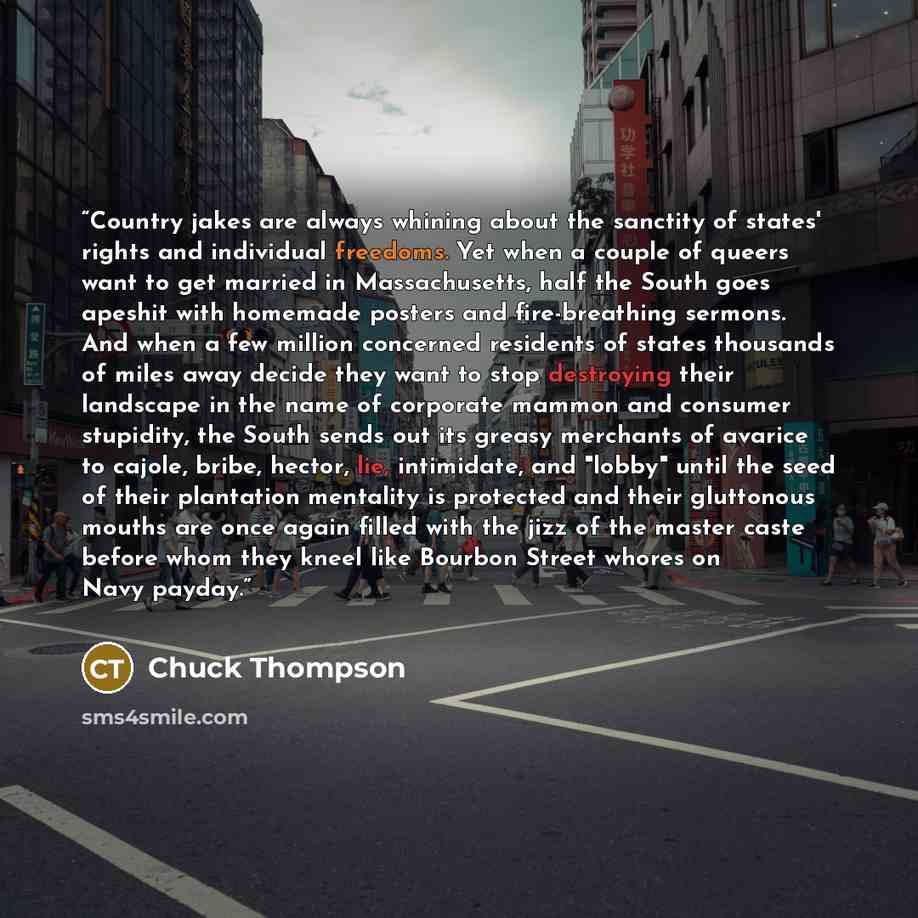 “Country jakes are always whining about the sanctity of states' rights and individual freedoms. Yet when a couple of queers want to get married in Massachusetts, half the South goes apeshit with homemade posters and fire-breathing sermons. And when a few million concerned residents of states…” quote by Chuck Thompson