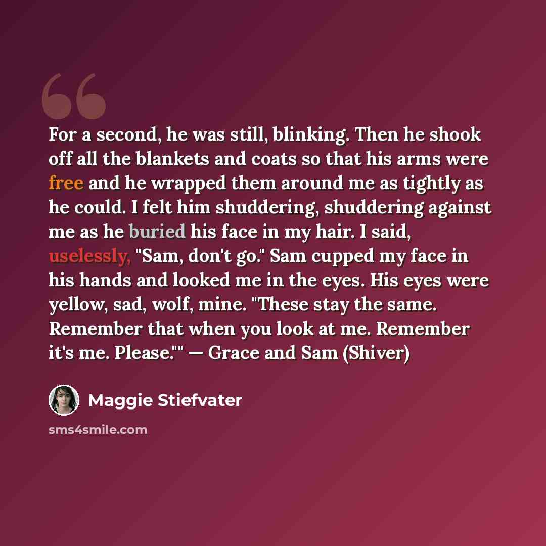 “For a second, he was still, blinking. Then he shook off all the blankets and coats so that his arms were free and he wrapped them around me as tightly as he could. I felt him shuddering, shuddering against me as he buried his face in my hair. I said, uselessly, "Sam, don't go." Sam cupped my face…” quote by Maggie Stiefvater
