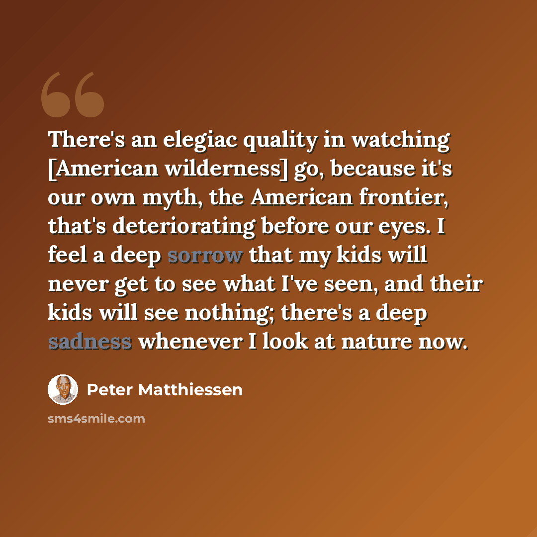 “There's an elegiac quality in watching [American wilderness] go, because it's our own myth, the American frontier, that's deteriorating before our eyes. I feel a deep sorrow that my kids will never get to see what I've seen, and their kids will see nothing; there's a deep sadness whenever I look…” quote by Peter Matthiessen