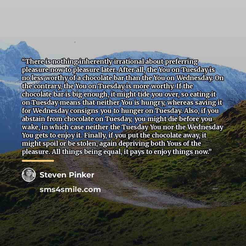 “There is nothing inherently irrational about preferring pleasure now to pleasure later. After all, the You on Tuesday is no less worthy of a chocolate bar than the You on Wednesday. On the contrary, the You on Tuesday is more worthy. If the chocolate bar is big enough, it might tide you over, so…” quote by Steven Pinker