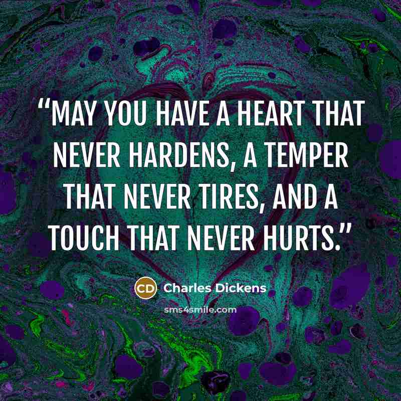 “May you have a heart that never hardens, a temper that never tires, and a touch that never hurts.” quote by Charles Dickens