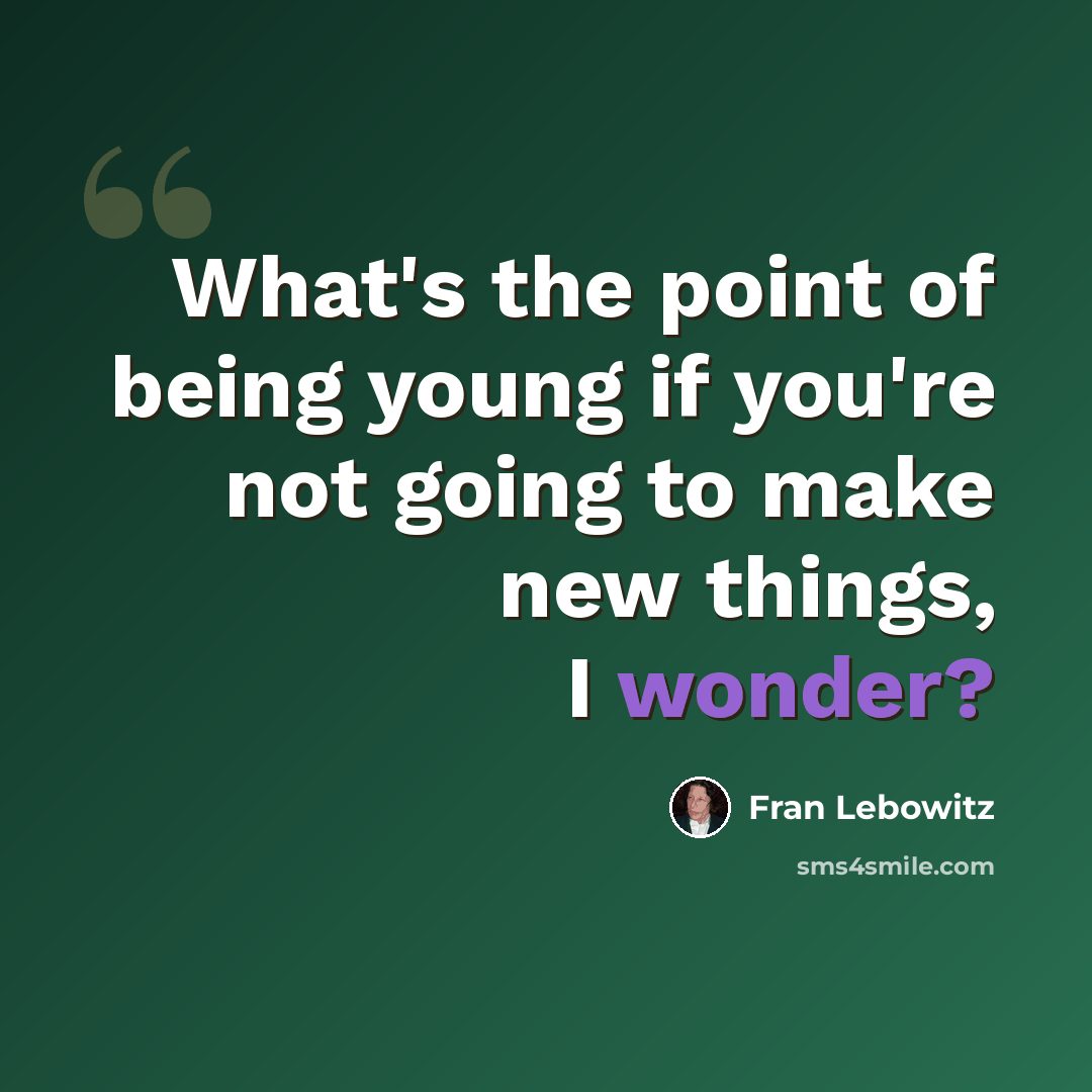 “What's the point of being young if you're not going to make new things, I wonder?” quote by Fran Lebowitz