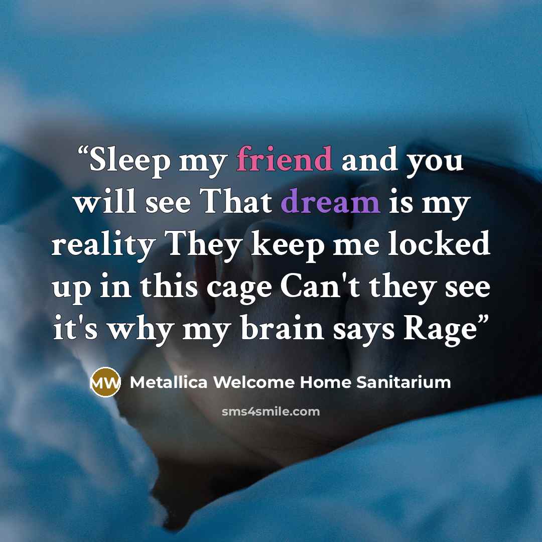 “Sleep my friend and you will see That dream is my reality They keep me locked up in this cage Can't they see it's why my brain says Rage” quote by Metallica Welcome Home Sanitarium