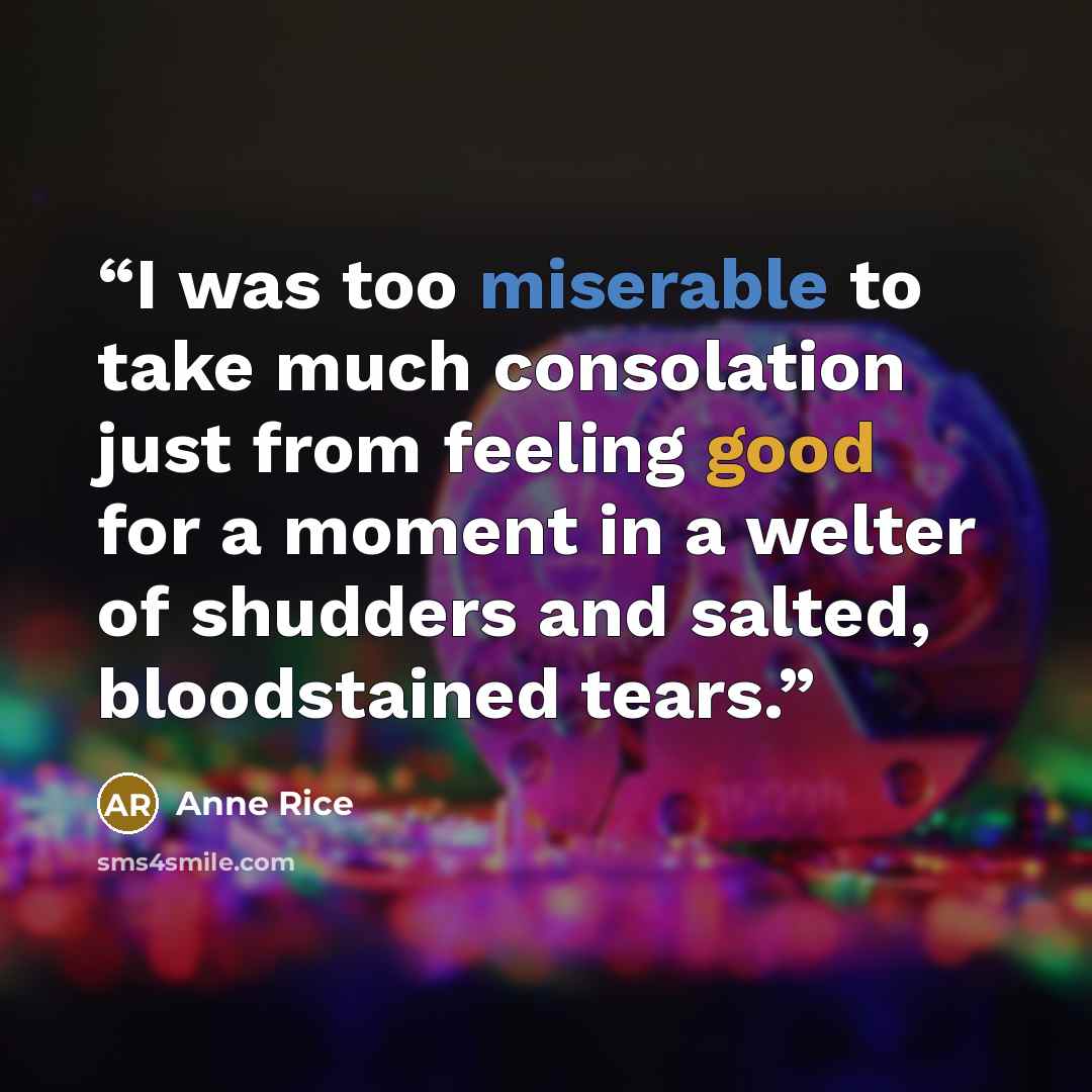 “I was too miserable to take much consolation just from feeling good for a moment in a welter of shudders and salted, bloodstained tears.” quote by Anne Rice
