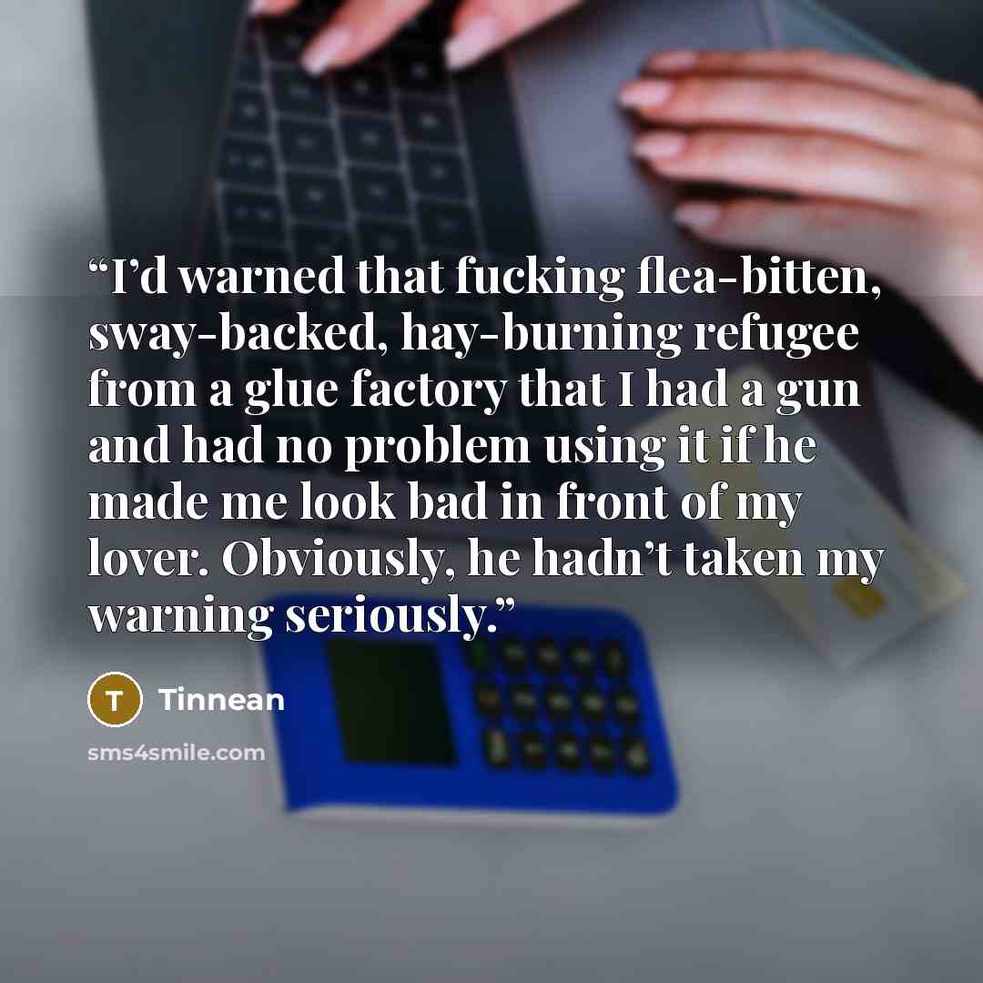 “I’d warned that fucking flea-bitten, sway-backed, hay-burning refugee from a glue factory that I had a gun and had no problem using it if he made me look bad in front of my lover. Obviously, he hadn’t taken my warning seriously.” quote by Tinnean