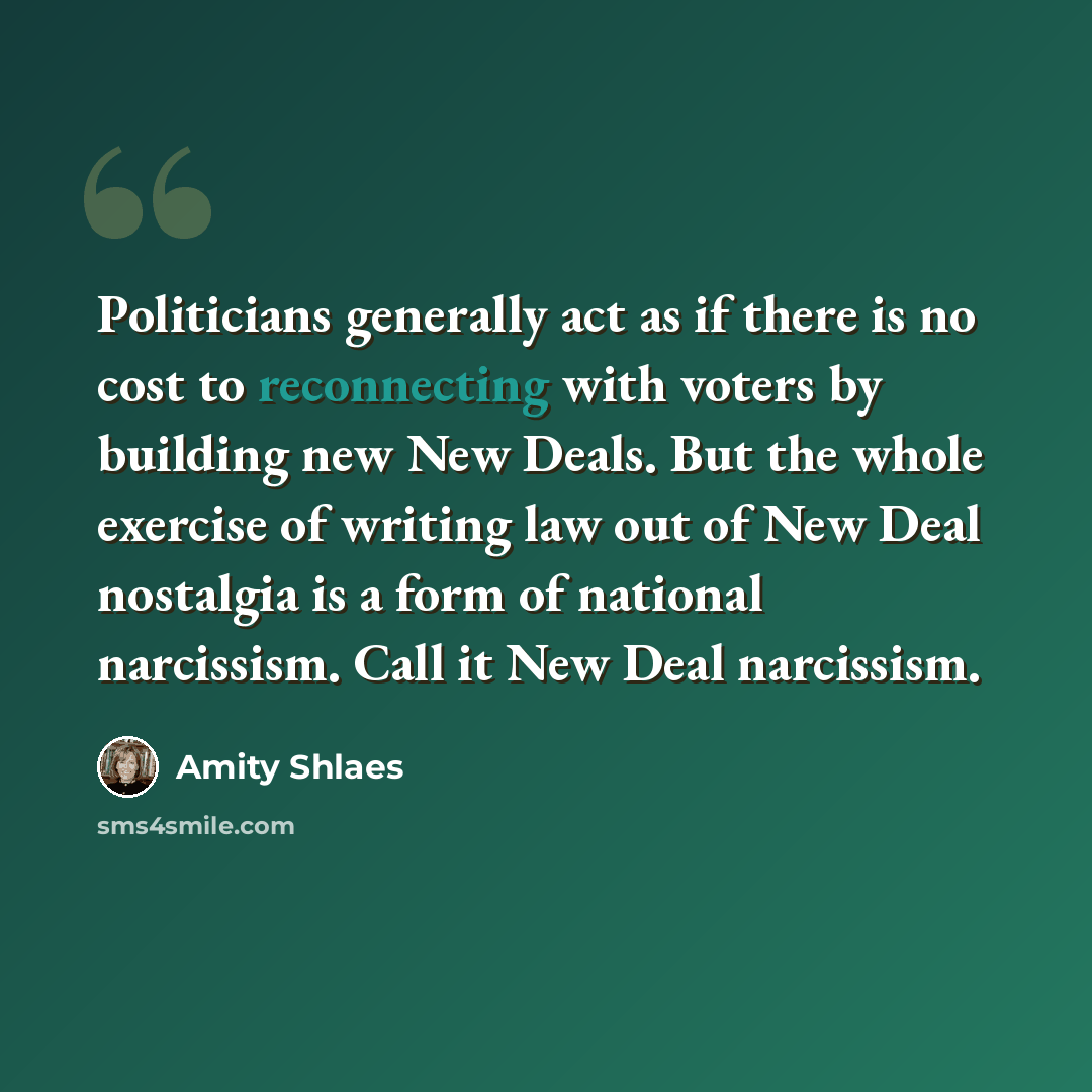“Politicians generally act as if there is no cost to reconnecting with voters by building new New Deals. But the whole exercise of writing law out of New Deal nostalgia is a form of national narcissism. Call it New Deal narcissism.” quote by Amity Shlaes