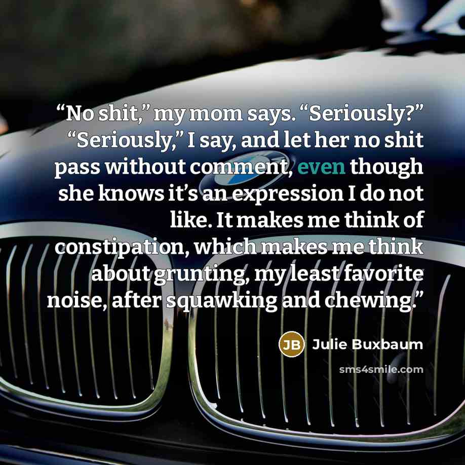 “No shit,” my mom says. “Seriously?” “Seriously,” I say, and let her no shit pass without comment, even though she knows it’s an expression I do not like. It makes me think of constipation, which makes me think about grunting, my least favorite noise, after squawking and chewing.” quote by Julie Buxbaum