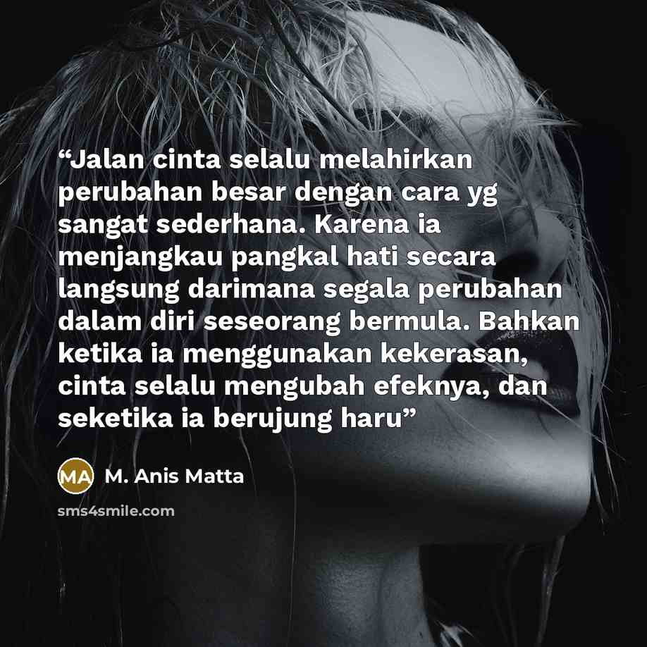 “Jalan cinta selalu melahirkan perubahan besar dengan cara yg sangat sederhana. Karena ia menjangkau pangkal hati secara langsung darimana segala perubahan dalam diri seseorang bermula. Bahkan ketika ia menggunakan kekerasan, cinta selalu mengubah efeknya, dan seketika ia berujung haru” quote by M. Anis Matta