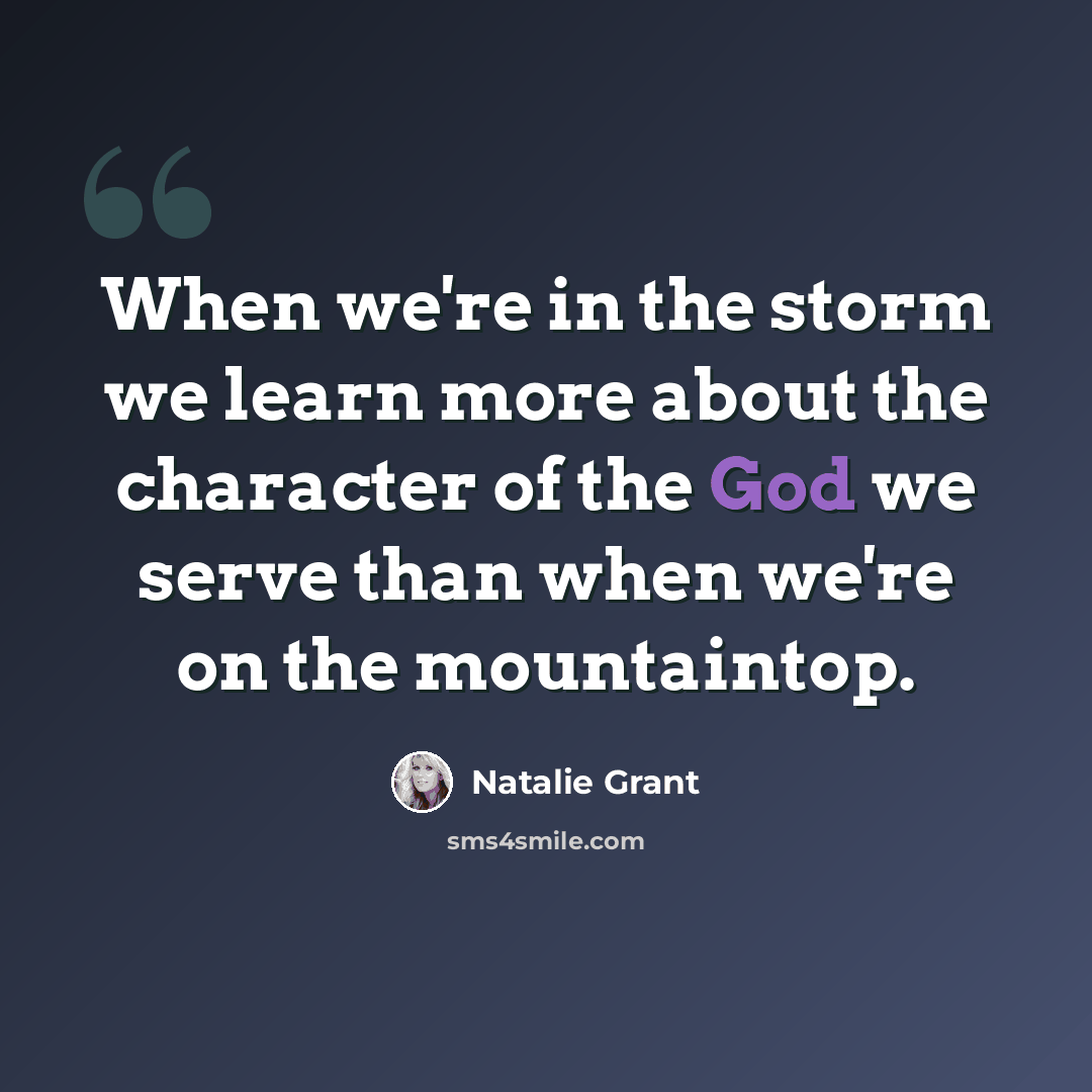 “When we're in the storm we learn more about the character of the God we serve than when we're on the mountaintop.” quote by Natalie Grant