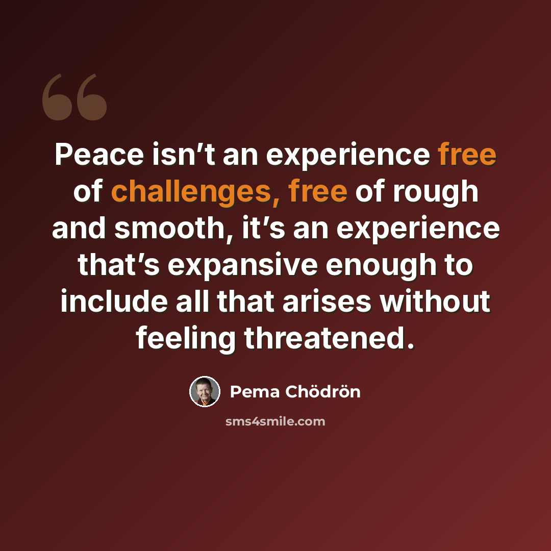 “Peace isn’t an experience free of challenges, free of rough and smooth, it’s an experience that’s expansive enough to include all that arises without feeling threatened.” quote by Pema Chodron