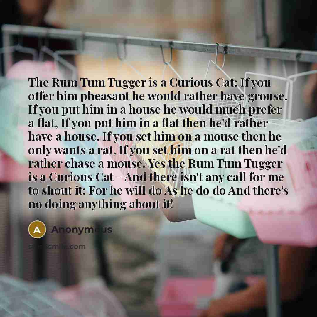“The Rum Tum Tugger is a Curious Cat: If you offer him pheasant he would rather have grouse. If you put him in a house he would much prefer a flat, If you put him in a flat then he'd rather have a house. If you set him on a mouse then he only wants a rat, If you set him on a rat then he'd rather…” quote by Anonymous