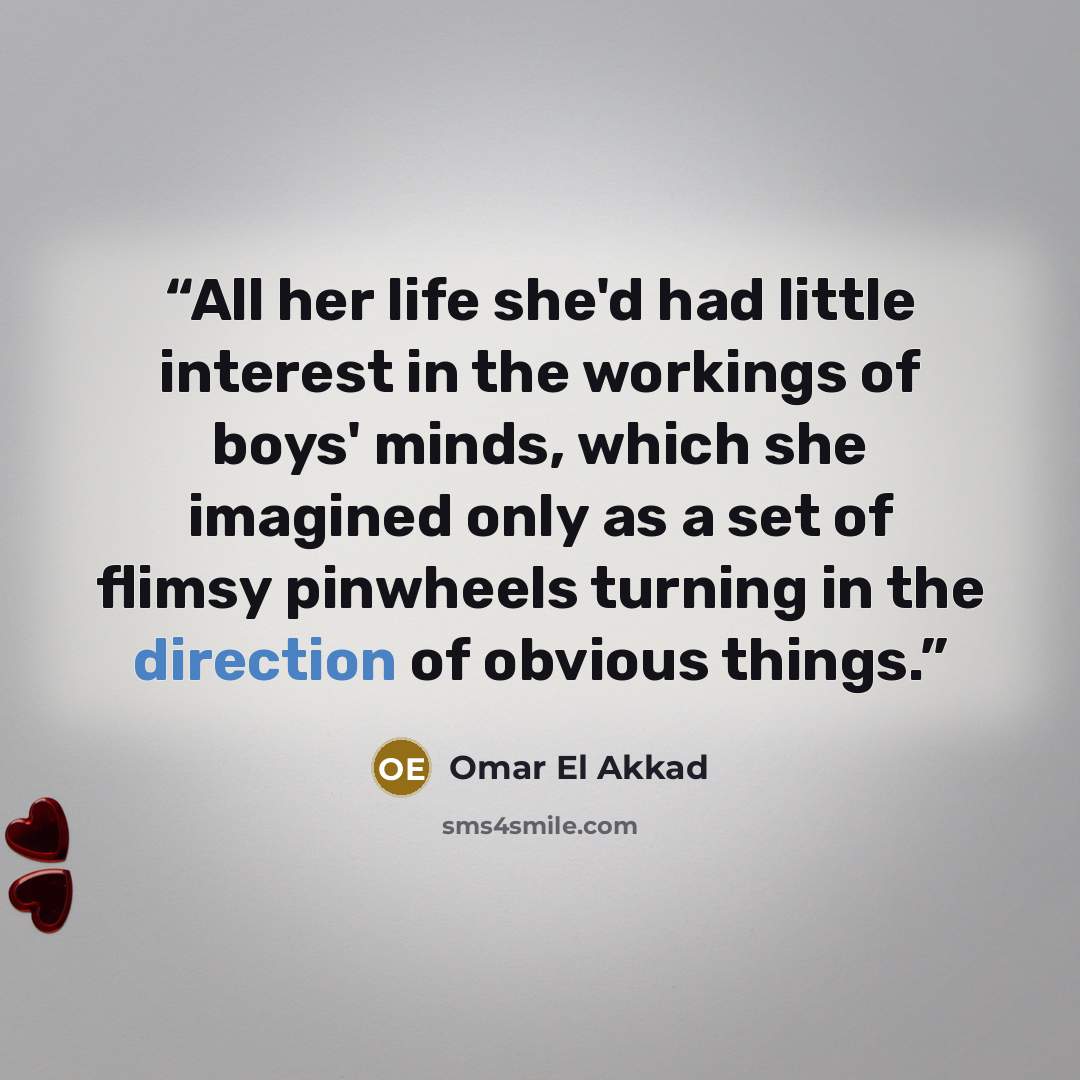 “All her life she'd had little interest in the workings of boys' minds, which she imagined only as a set of flimsy pinwheels turning in the direction of obvious things.” quote by Omar El Akkad