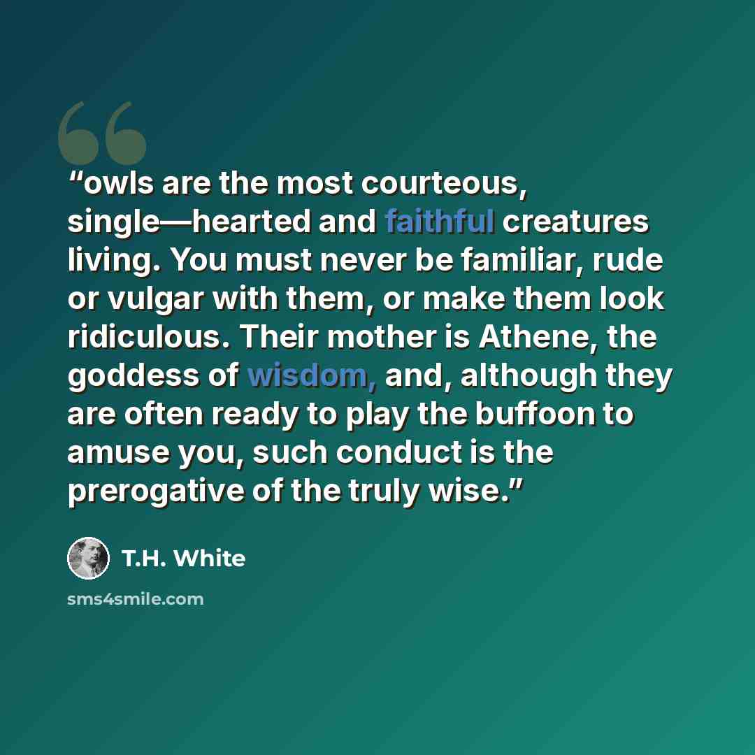 “owls are the most courteous, single—hearted and faithful creatures living. You must never be familiar, rude or vulgar with them, or make them look ridiculous. Their mother is Athene, the goddess of wisdom, and, although they are often ready to play the buffoon to amuse you, such conduct is the…” quote by T.H. White